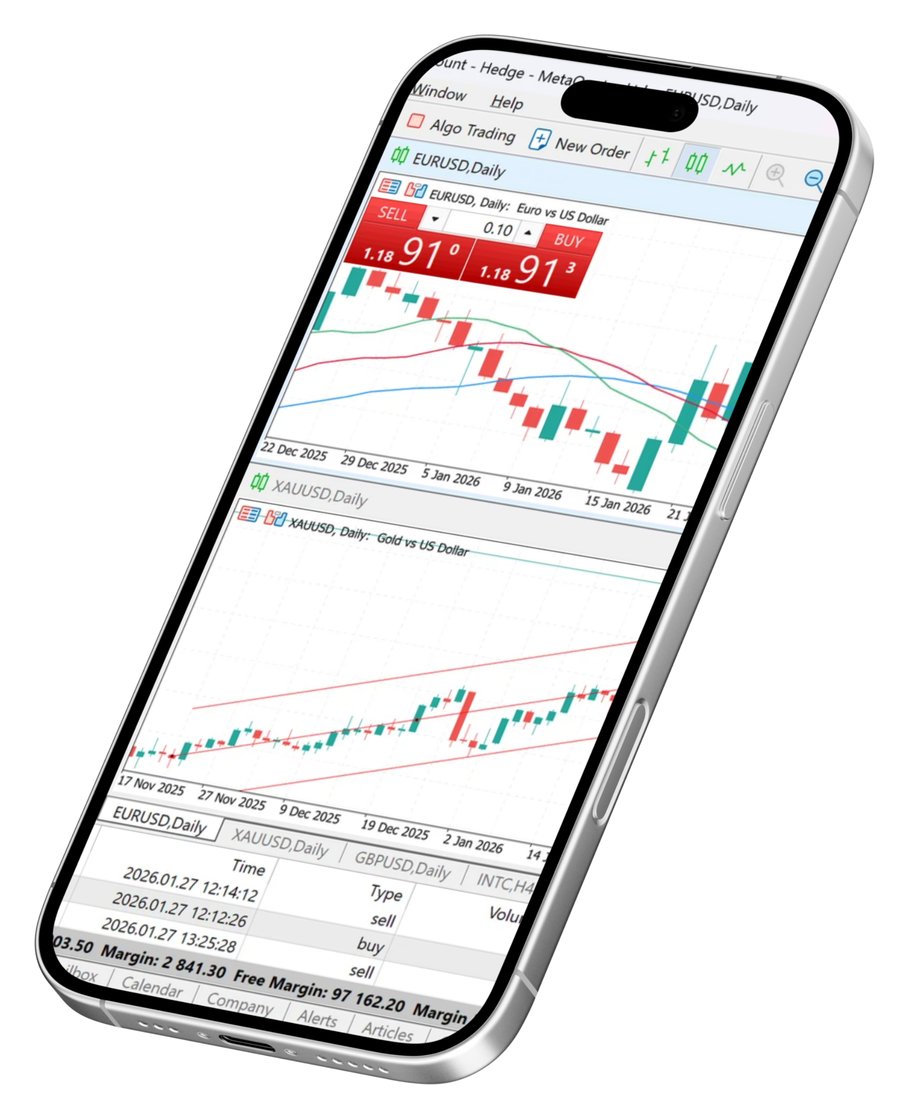 Celular exibindo gráficos e operações no mercado Forex